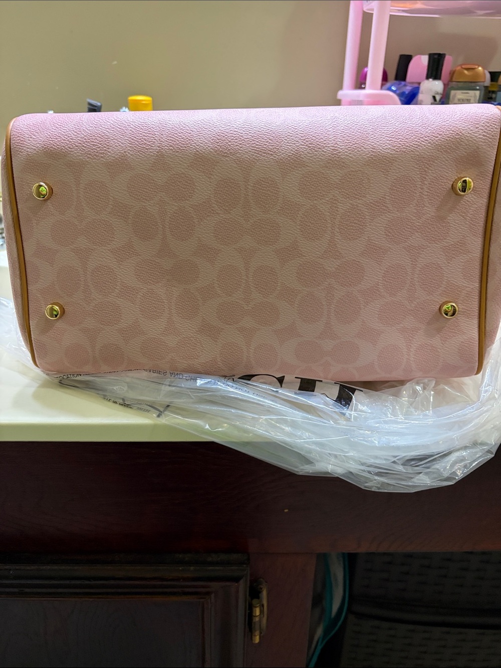 Coach Pink Signature Satchel with Pearl Chain & Floral Charm - Picture 3 of 7